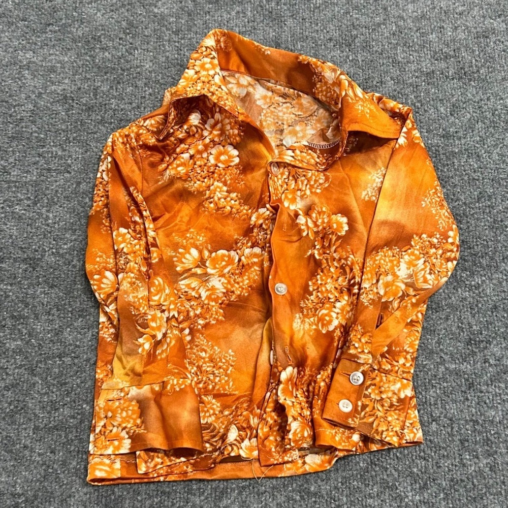 Vintage Button Down Shirt Womens Size XS Orange Floral Long Sleeve 70s Retro